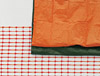 Kirstin Arndt, untitled, 2002, barrier tape orange, 2 canvases orange / olive-green, clamps, ropes,variable dimensions, detail