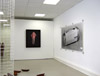 Clara Bausch, exhibition view: summer show, 2008, projektraum4, Mannheim, hanging sculpture: Uli Boehmelmann, sculpture on the floor: Jürgen Knubben